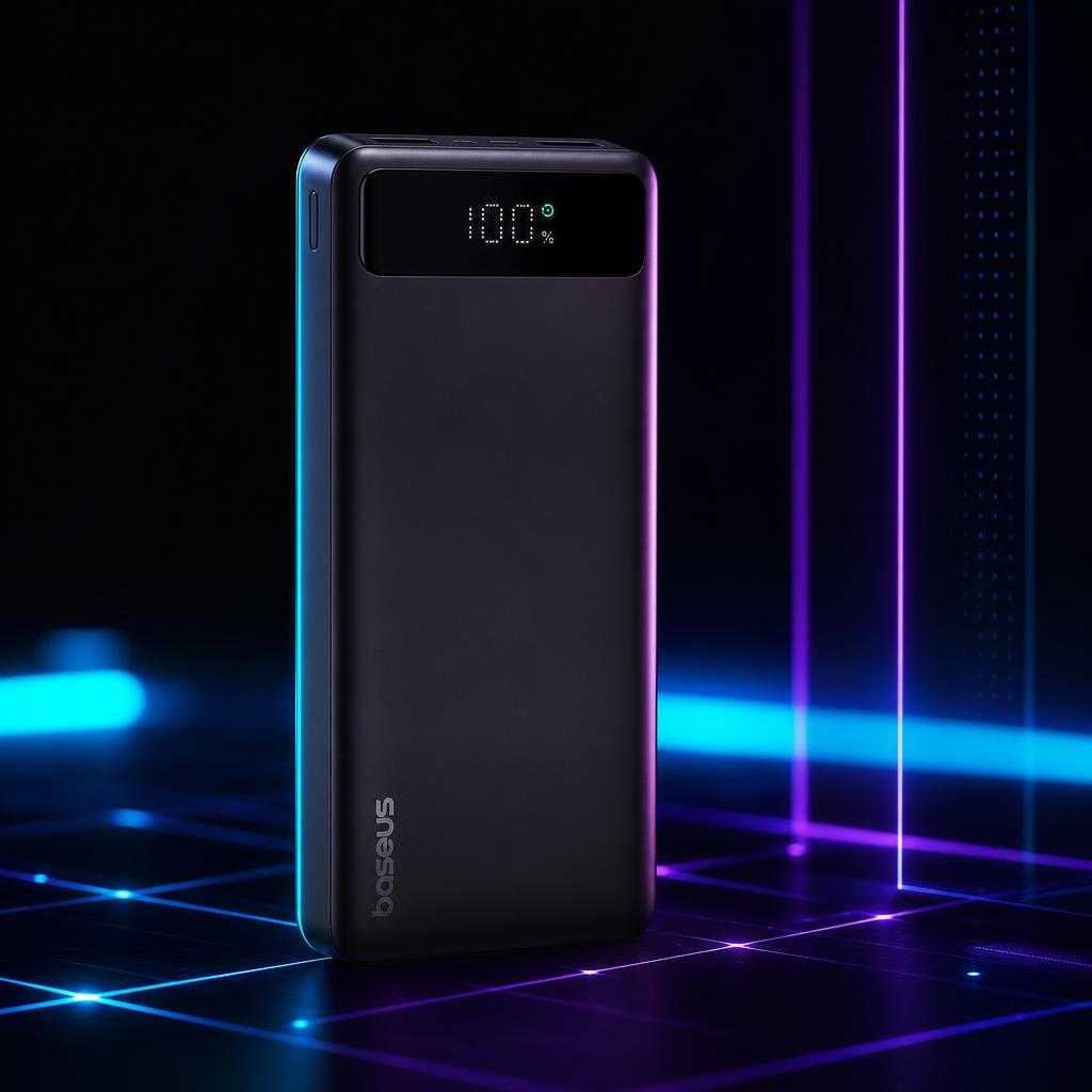 Power bank DBStore com iluminação neon azul e roxa